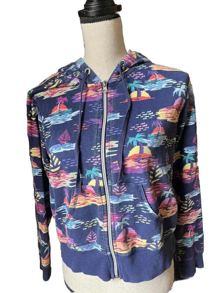SUN BAY SZ PL PETITE Medium NAVY Palm Tree PRINT HOODED FULL ZIP SWEATSHIRT TOP